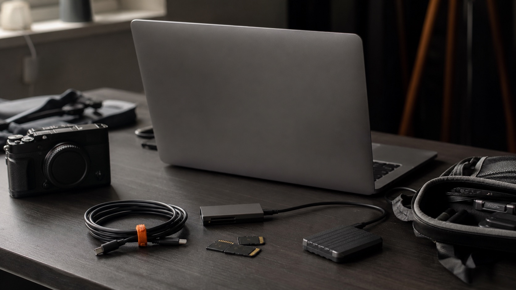 A video editor workstation with camera gear, media cards, a card reader, and external storage ready for transfer