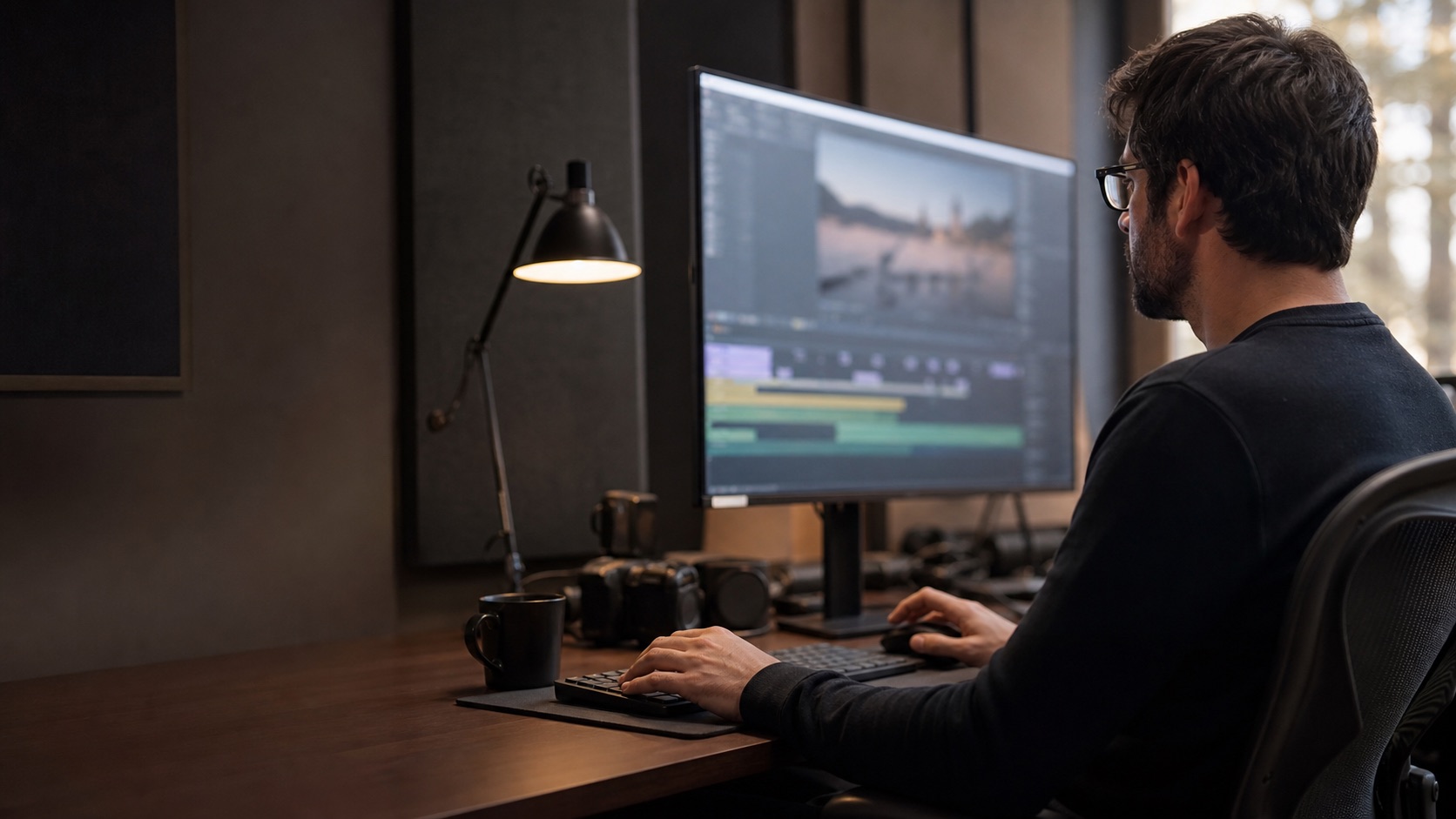 Video editor working at a professional post-production workstation